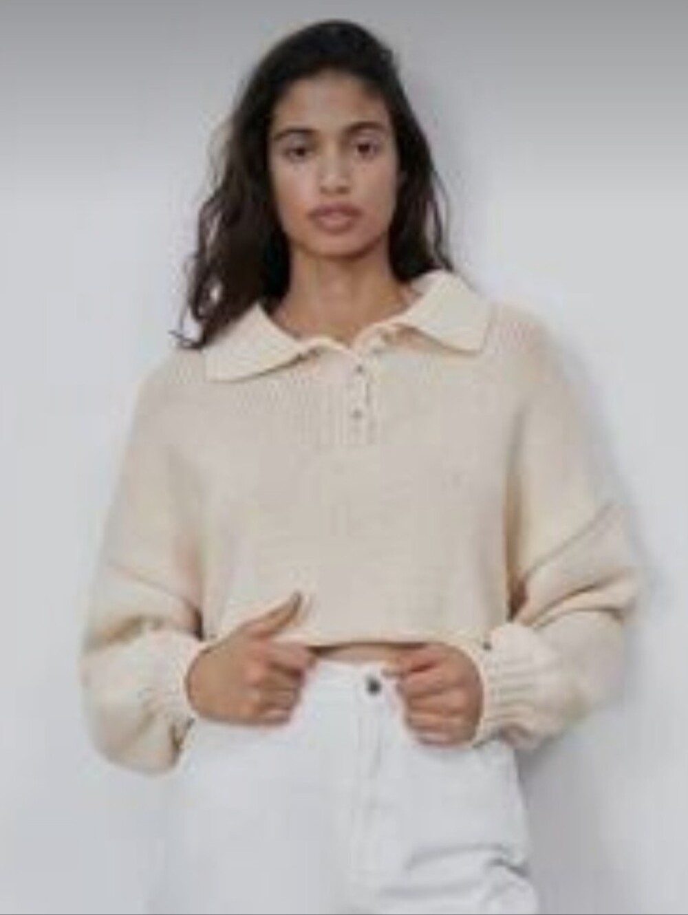 ZARA Cropped Cream Balloon Sleeved Polo Collar KnitSweater Sz Small